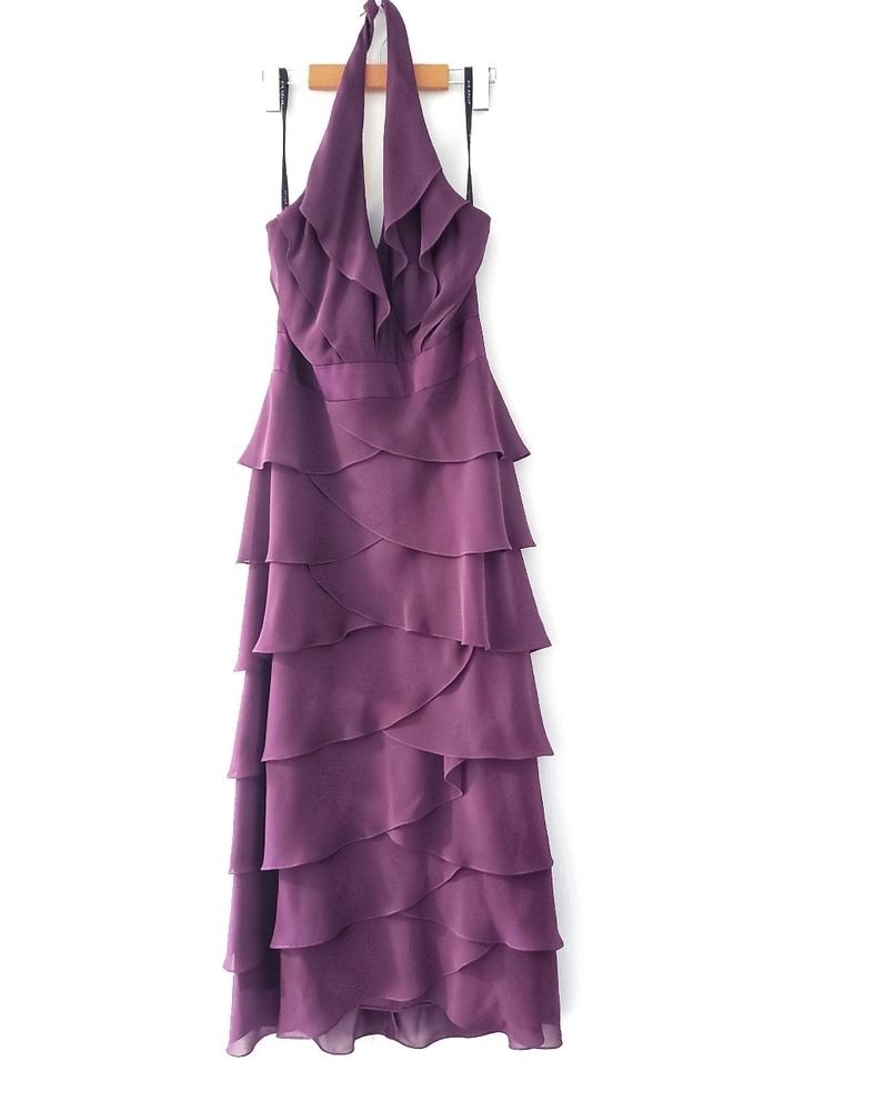 After Six Purple Halter Tiered Purple Bridesmaid Dress